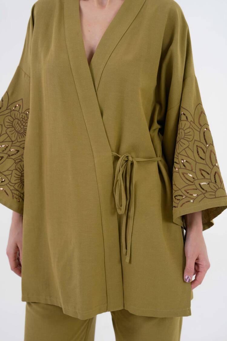 OilSleeves Sequin Sequin Embroidered Linen Kimono Jacket And Pants Bottom/Top Suit 29061