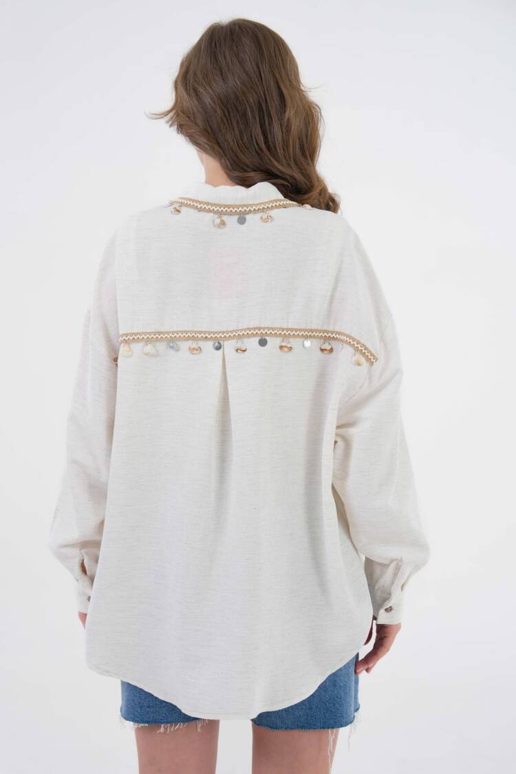 Natur Collar And Back Accessory Detailed Oversize Linen Shirt 29100 - First Angels - Globality Store - Women Clothes Wholesale Turkey