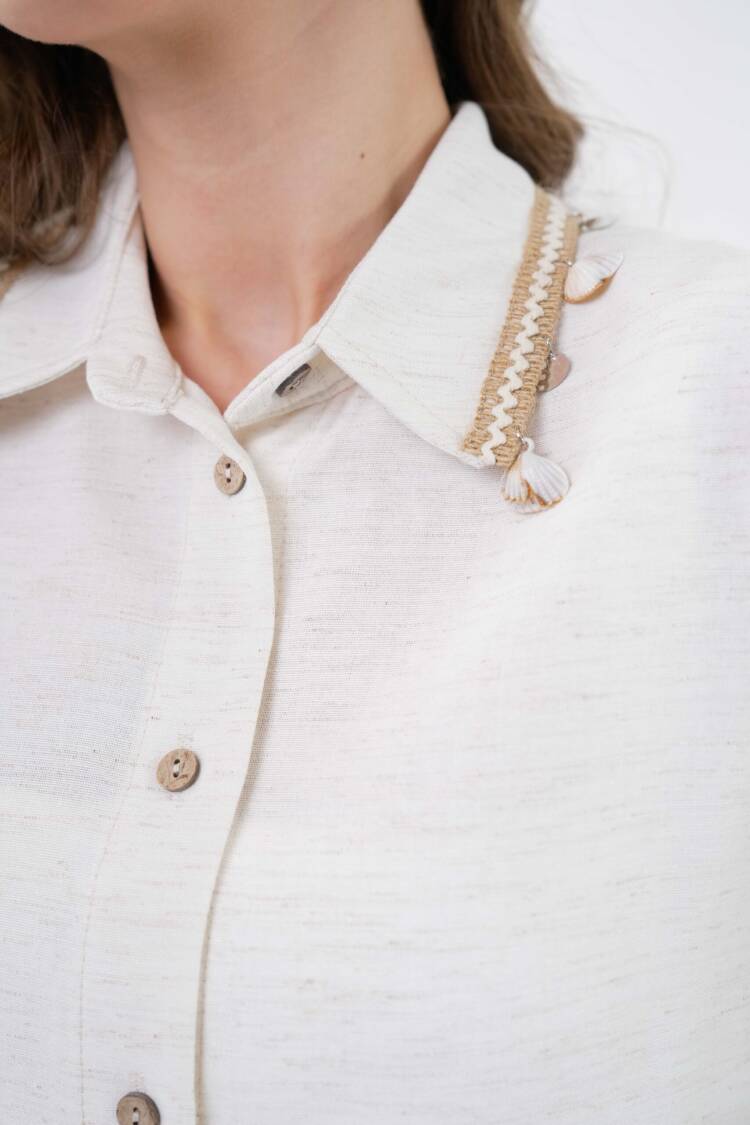 Natur Collar And Back Accessory Detailed Oversize Linen Shirt 29100