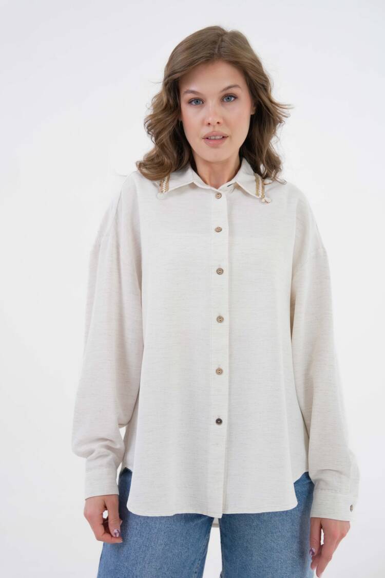 Natur Collar And Back Accessory Detailed Oversize Linen Shirt 29100