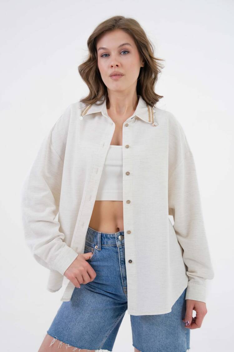 Natur Collar And Back Accessory Detailed Oversize Linen Shirt 29100