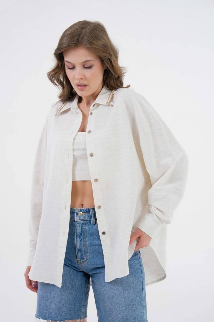 Natur Collar And Back Accessory Detailed Oversize Linen Shirt 29100