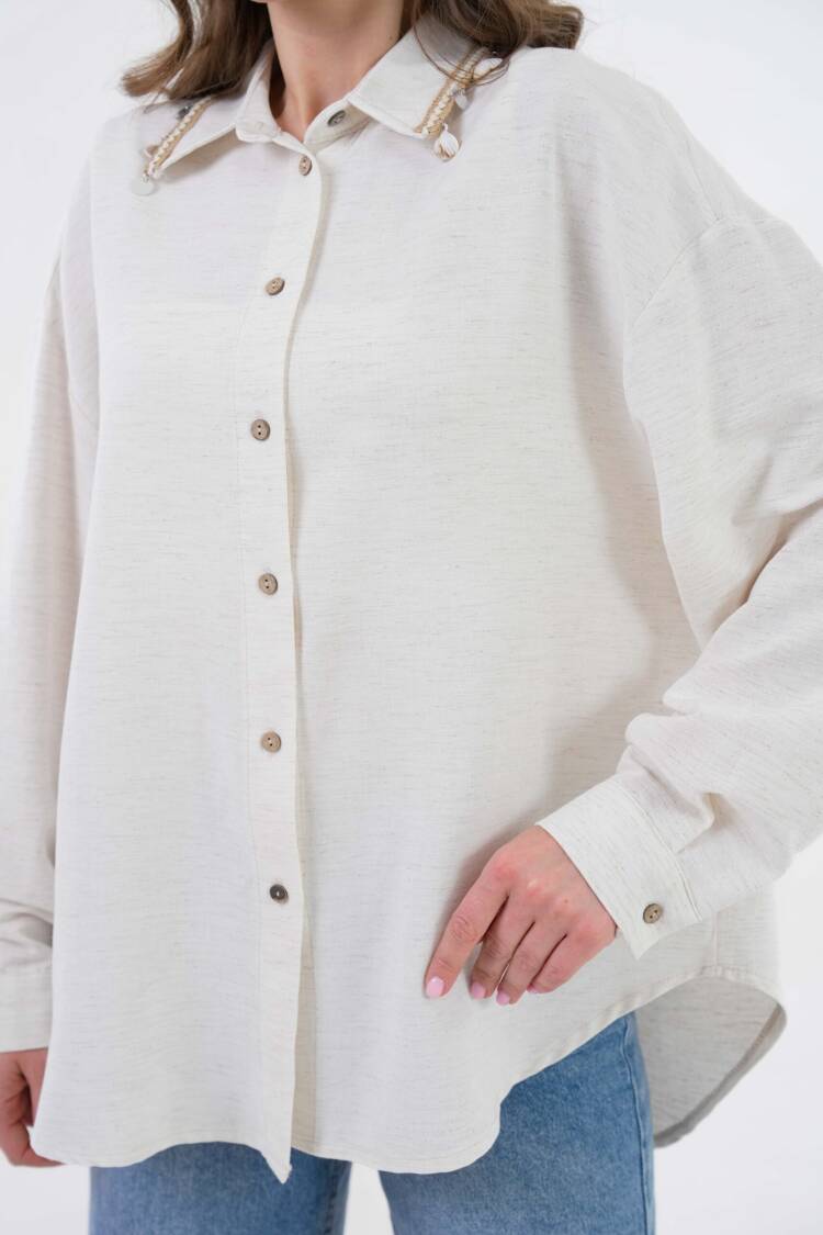 Natur Collar And Back Accessory Detailed Oversize Linen Shirt 29100