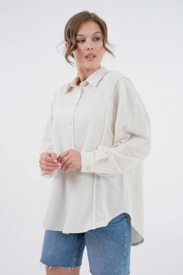 Natur Embroidered And Pearl Detailed Linen Shirt 29077 - First Angels - Globality Store - Women Clothes Wholesale Turkey