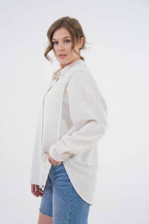 Natur Embroidered And Pearl Detailed Linen Shirt 29077 - First Angels - Globality Store - Women Clothes Wholesale Turkey