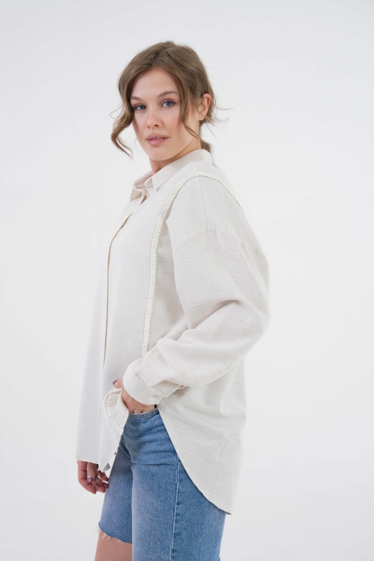 Natur Embroidered And Pearl Detailed Linen Shirt 29077