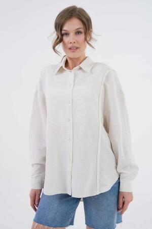 Natur Embroidered And Pearl Detailed Linen Shirt 29077 - First Angels - Globality Store - Women Clothes Wholesale Turkey