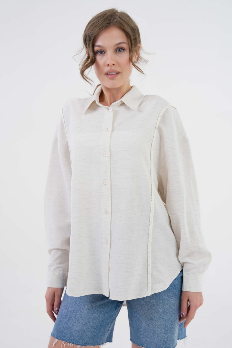 Natur Embroidered And Pearl Detailed Linen Shirt 29077