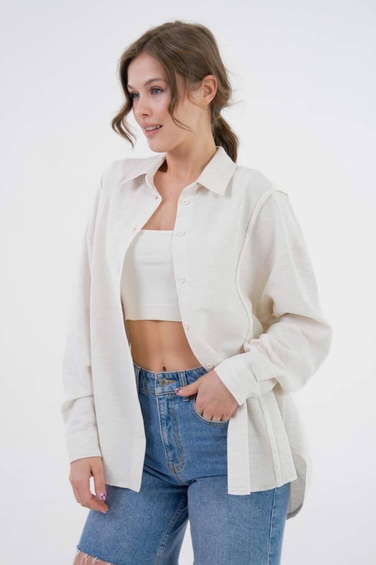 Natur Embroidered And Pearl Detailed Linen Shirt 29077