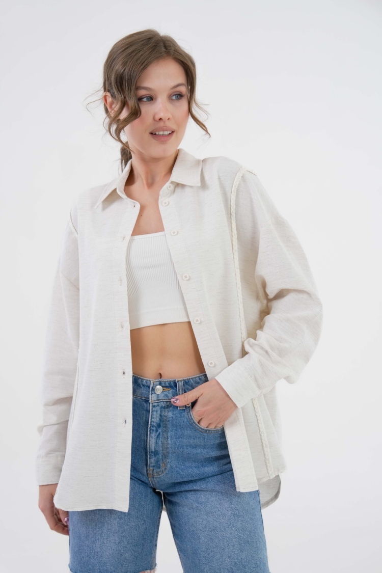 Natur Embroidered And Pearl Detailed Linen Shirt 29077
