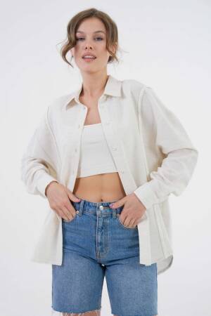 Natur Embroidered And Pearl Detailed Linen Shirt 29077 - First Angels - Globality Store - Women Clothes Wholesale Turkey