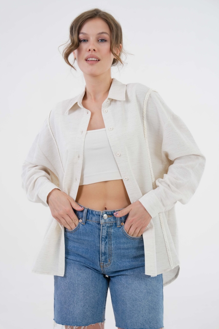 Natur Embroidered And Pearl Detailed Linen Shirt 29077