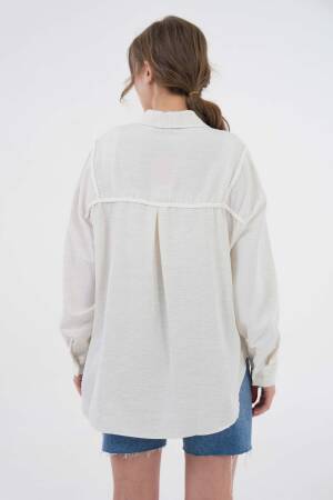 Natur Embroidered And Pearl Detailed Linen Shirt 29077 - First Angels - Globality Store - Women Clothes Wholesale Turkey