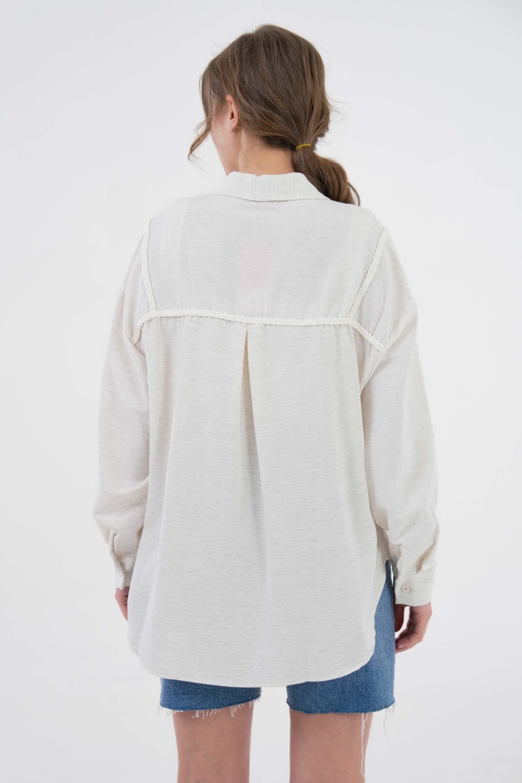 Natur Embroidered And Pearl Detailed Linen Shirt 29077