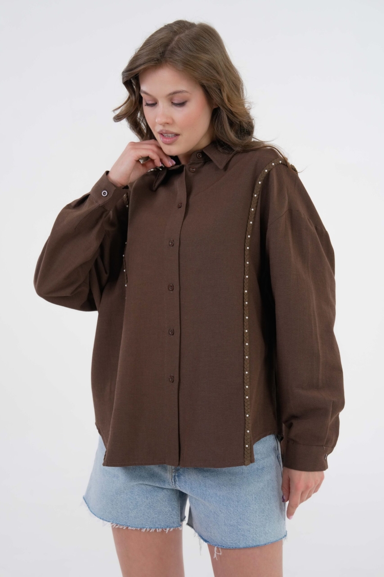 Embroidered And Pearl Detailed Linen Shirt 29077 - First Angels - Globality Store - Women Clothes Wholesale Turkey
