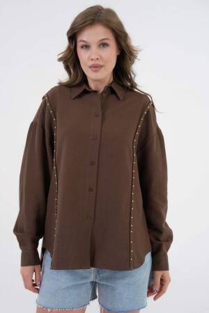 Embroidered And Pearl Detailed Linen Shirt 29077 - First Angels - Globality Store - Women Clothes Wholesale Turkey