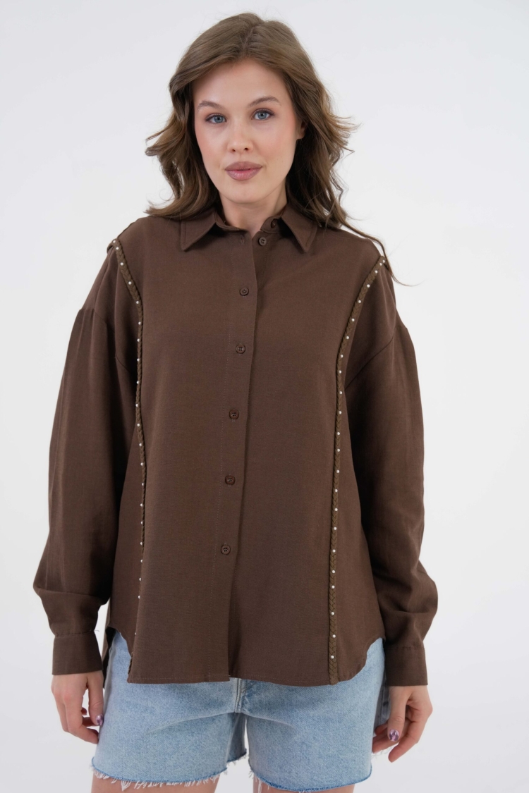 Embroidered And Pearl Detailed Linen Shirt 29077