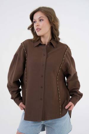 Embroidered And Pearl Detailed Linen Shirt 29077 - First Angels - Globality Store - Women Clothes Wholesale Turkey