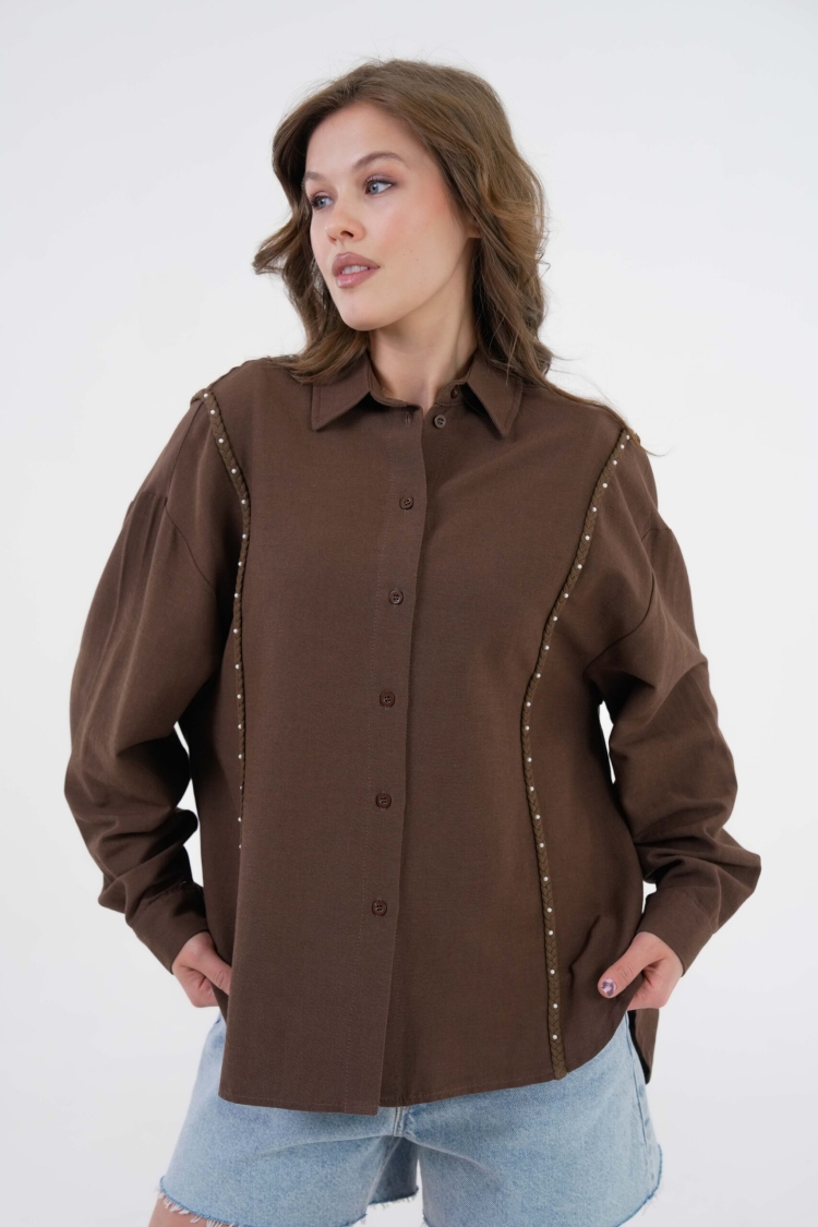Embroidered And Pearl Detailed Linen Shirt 29077