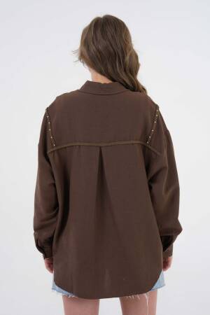 Embroidered And Pearl Detailed Linen Shirt 29077 - First Angels - Globality Store - Women Clothes Wholesale Turkey