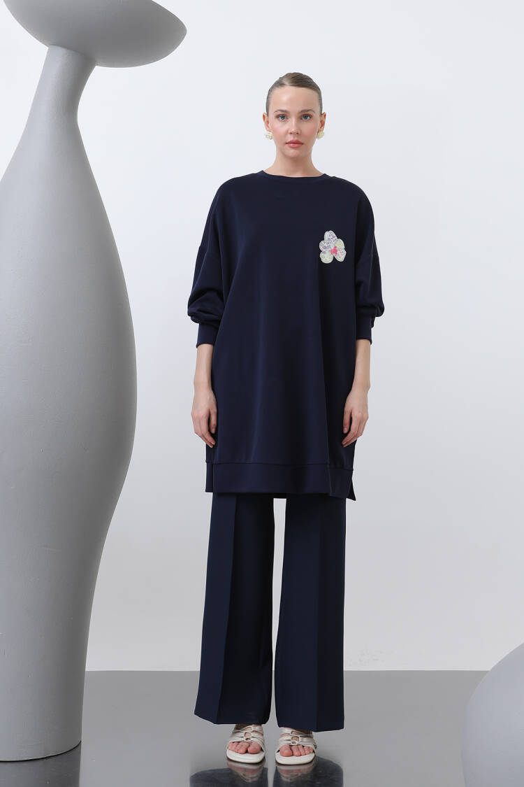 Front And Back Embroidery Detailed Garnished Tunic - Navy - Puane - Globality Store - Women Clothes Wholesale Turkey