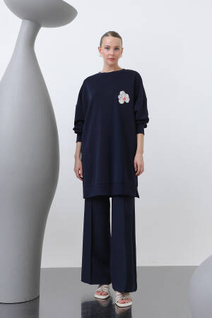 Front And Back Embroidery Detailed Garnished Tunic - Navy - Puane - Globality Store - Women Clothes Wholesale Turkey