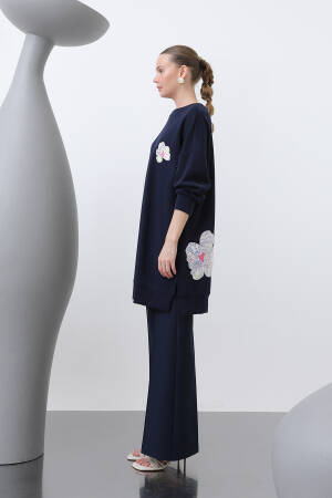 Front And Back Embroidery Detailed Garnished Tunic - Navy - Puane - Globality Store - Women Clothes Wholesale Turkey