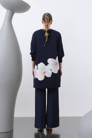 Front And Back Embroidery Detailed Garnished Tunic - Navy - Puane - Globality Store - Women Clothes Wholesale Turkey