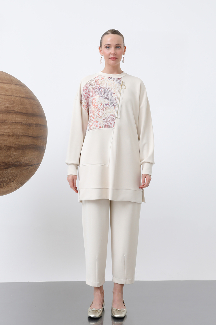 Front Jacquard Zipper Detailed Trouser Set