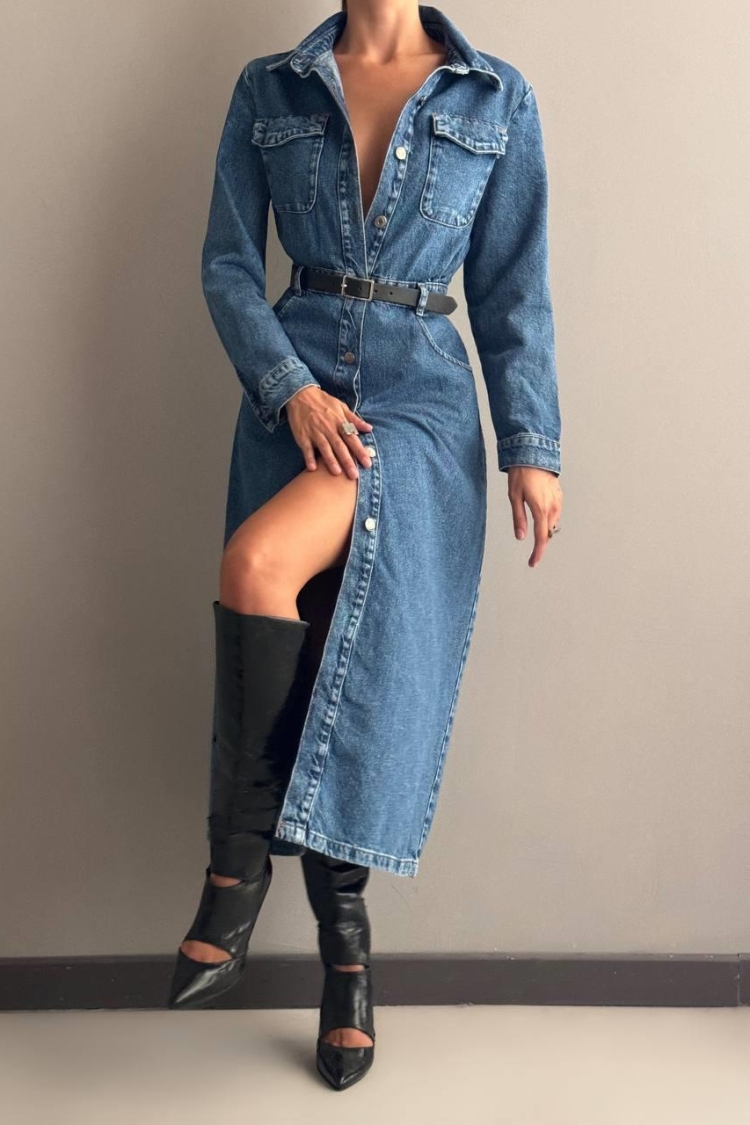 Button Detailed Waist Belt Denim Dress - Blue - LACARINO - Globality Store - Women Clothes Wholesale Turkey