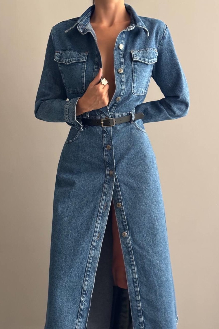 Button Detailed Waist Belt Denim Dress - Blue