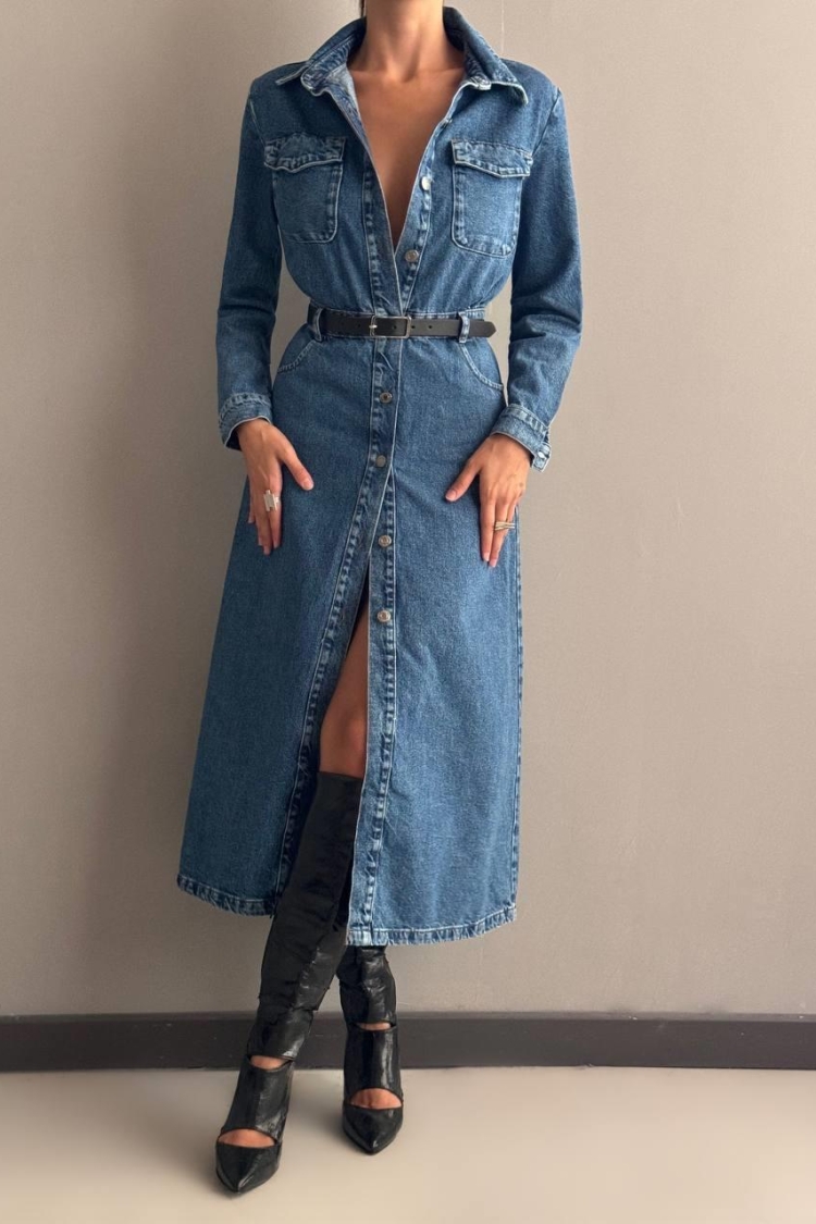 Button Detailed Waist Belt Denim Dress - Blue