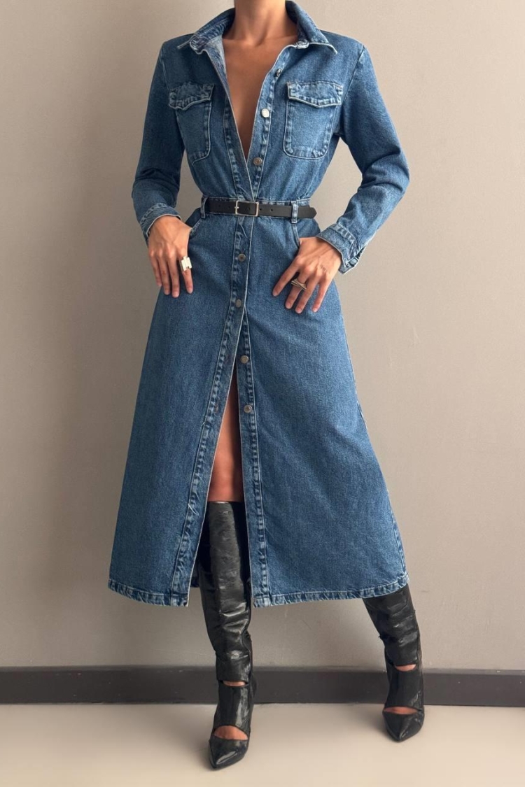Button Detailed Waist Belt Denim Dress - Blue
