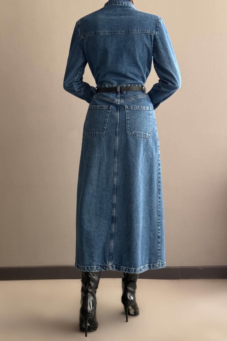 Button Detailed Waist Belt Denim Dress - Blue