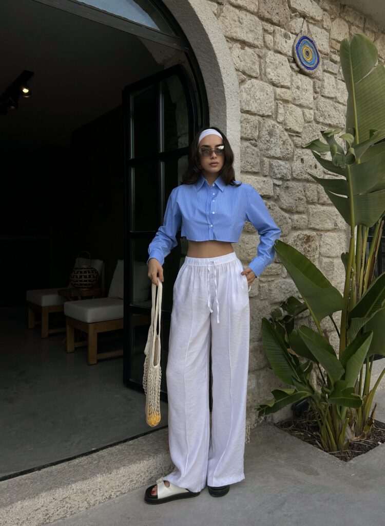 100% Modal Waist Elastic Front Seam Detailed Wide Cut Pants 29109