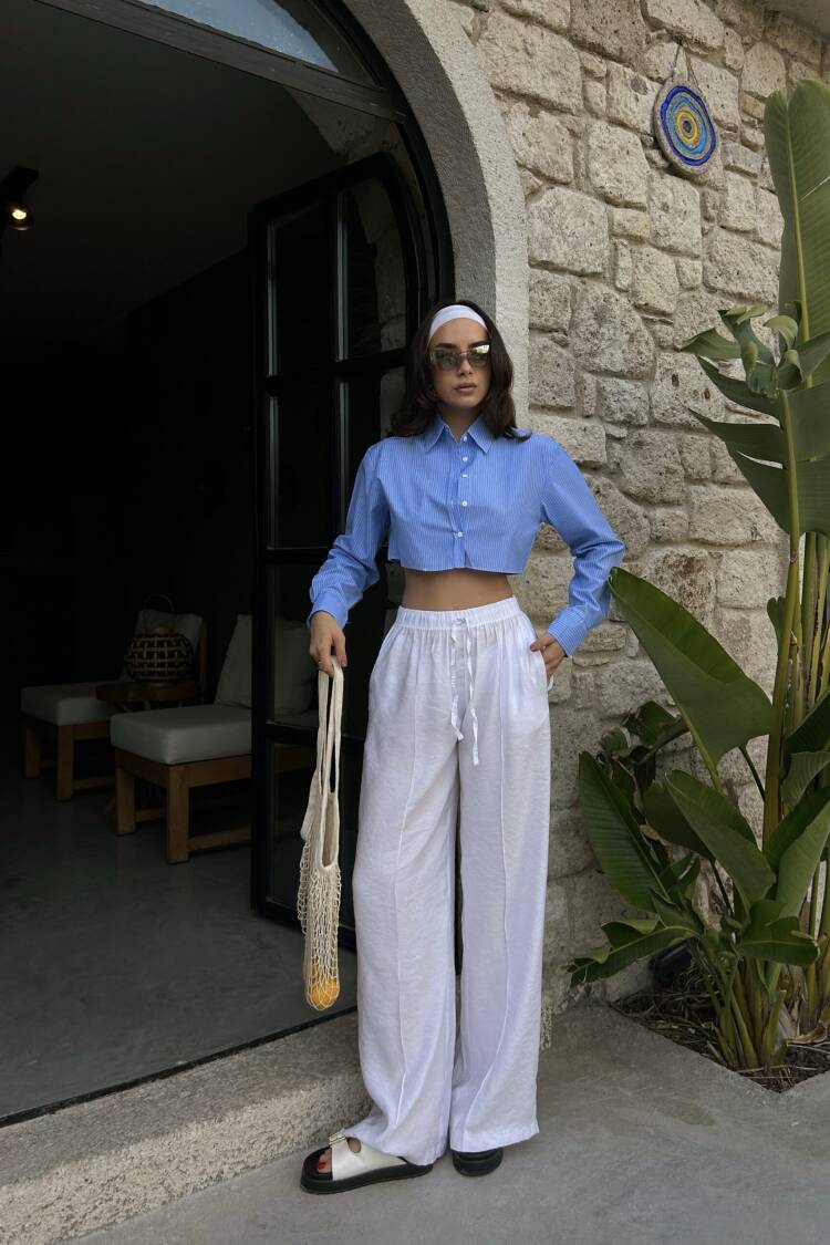 100% Modal Waist Elastic Front Seam Detailed Wide Cut Pants 29109
