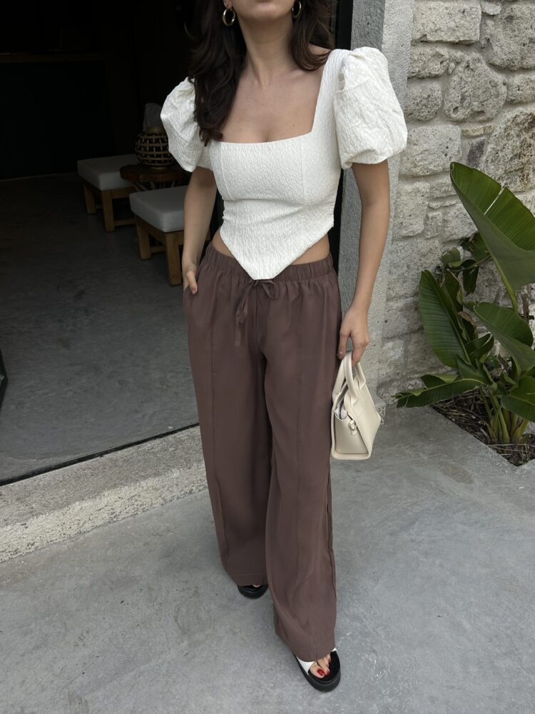 100% Modal Waist Elastic Front Seam Detailed Wide Cut Pants 29109