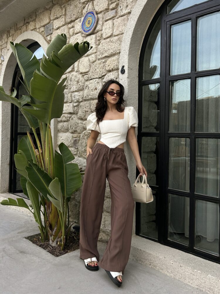 100% Modal Waist Elastic Front Seam Detailed Wide Cut Pants 29109