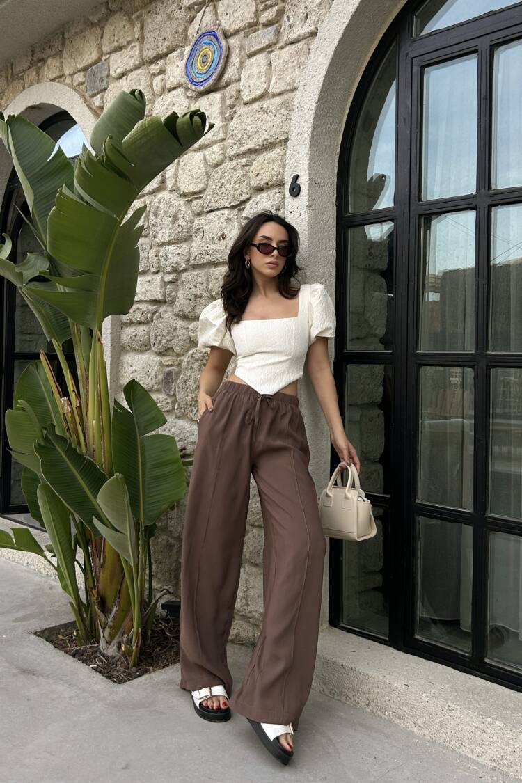 100% Modal Waist Elastic Front Seam Detailed Wide Cut Pants 29109