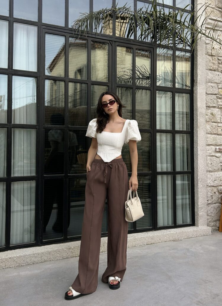 100% Modal Waist Elastic Front Seam Detailed Wide Cut Pants 29109
