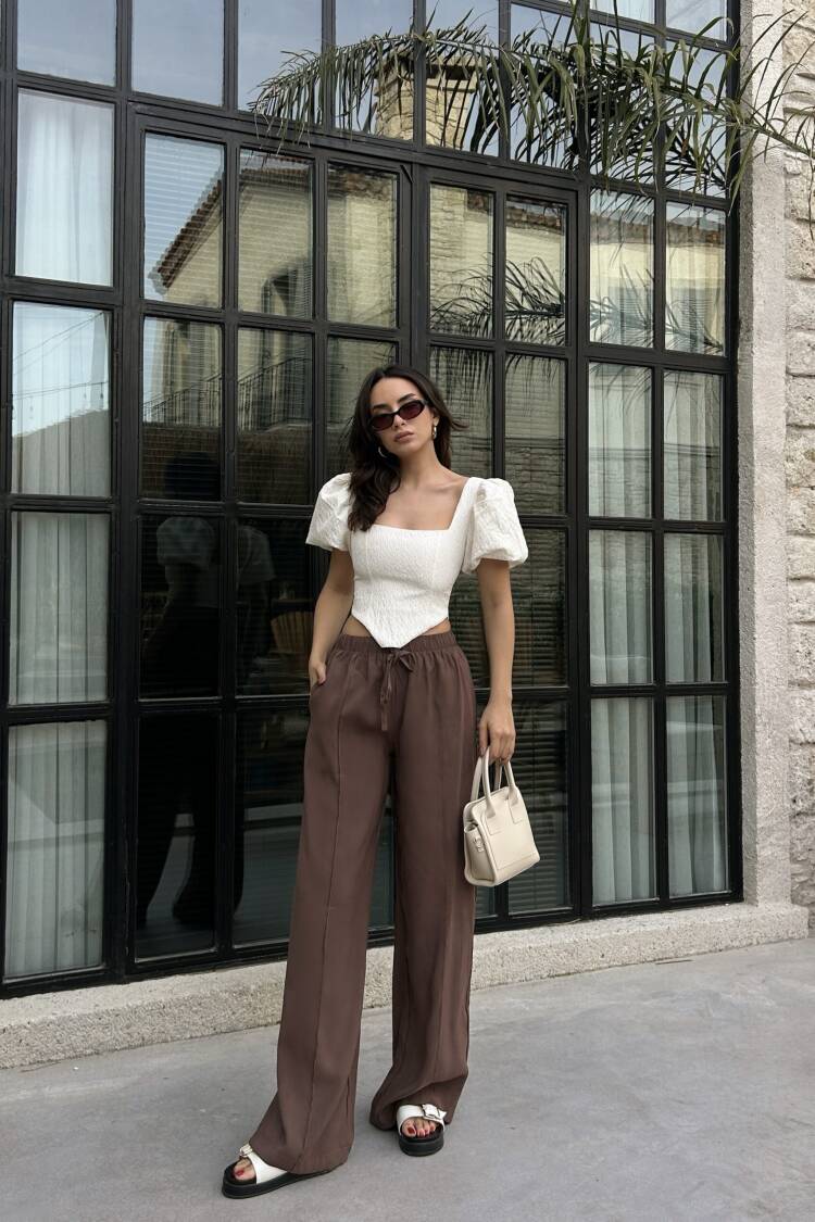 100% Modal Waist Elastic Front Seam Detailed Wide Cut Pants 29109