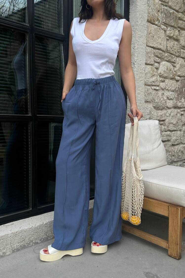 100% Modal Waist Elastic Front Seam Detailed Wide Cut Pants 29109