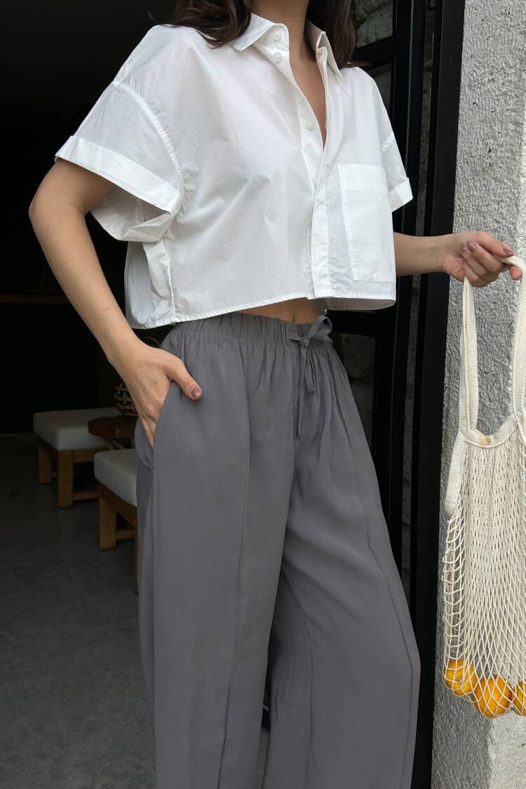 100% Modal Waist Elastic Front Seam Detailed Wide Cut Pants 29109