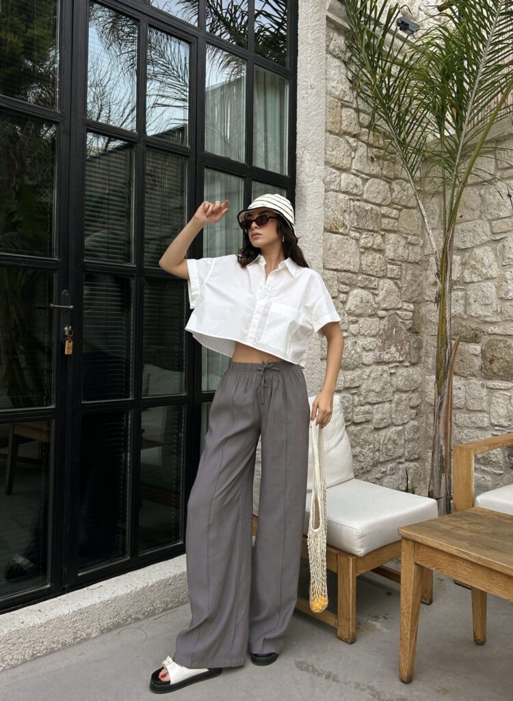 100% Modal Waist Elastic Front Seam Detailed Wide Cut Pants 29109