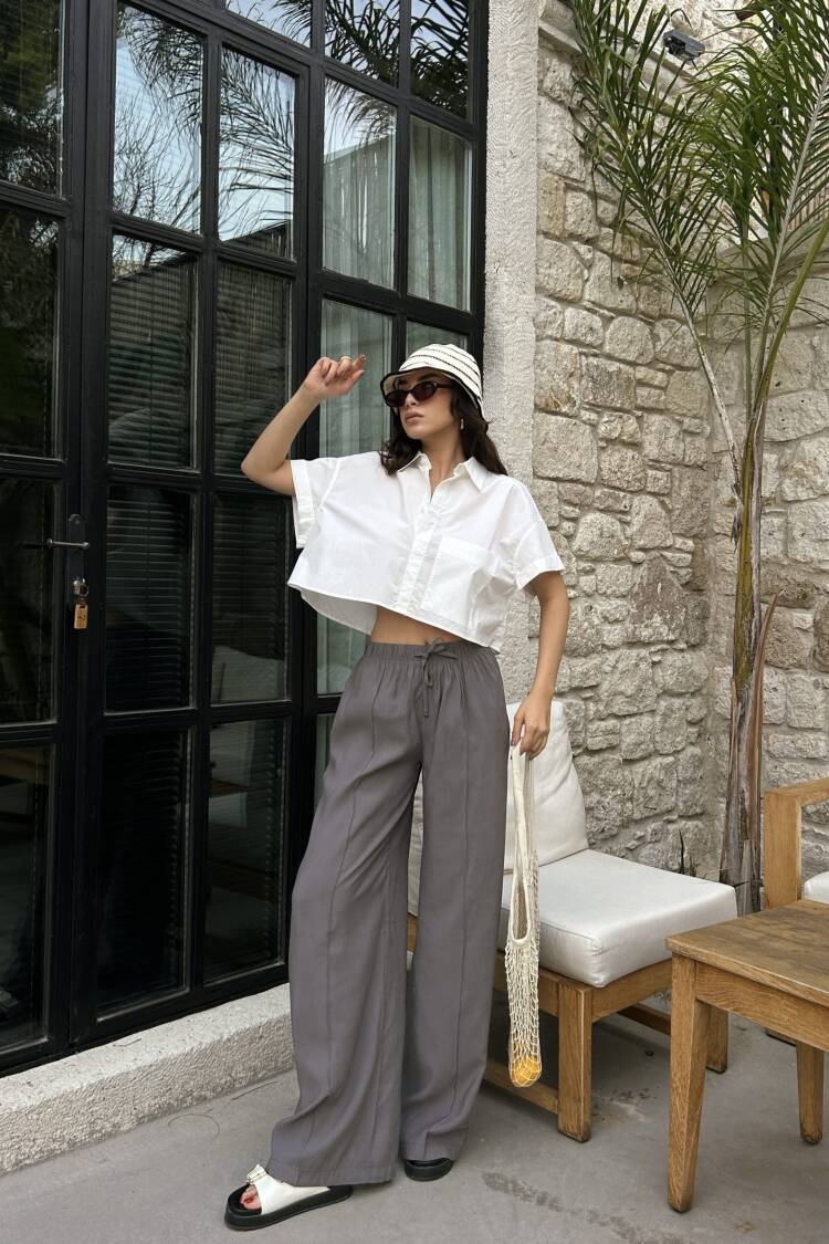 100% Modal Waist Elastic Front Seam Detailed Wide Cut Pants 29109