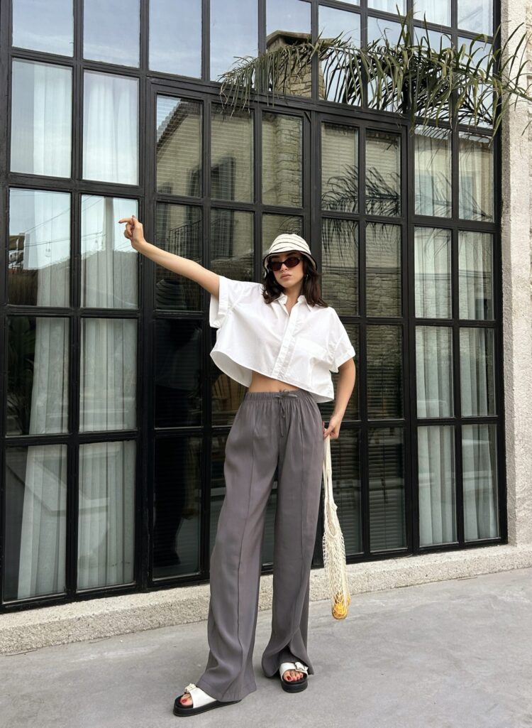 100% Modal Waist Elastic Front Seam Detailed Wide Cut Pants 29109