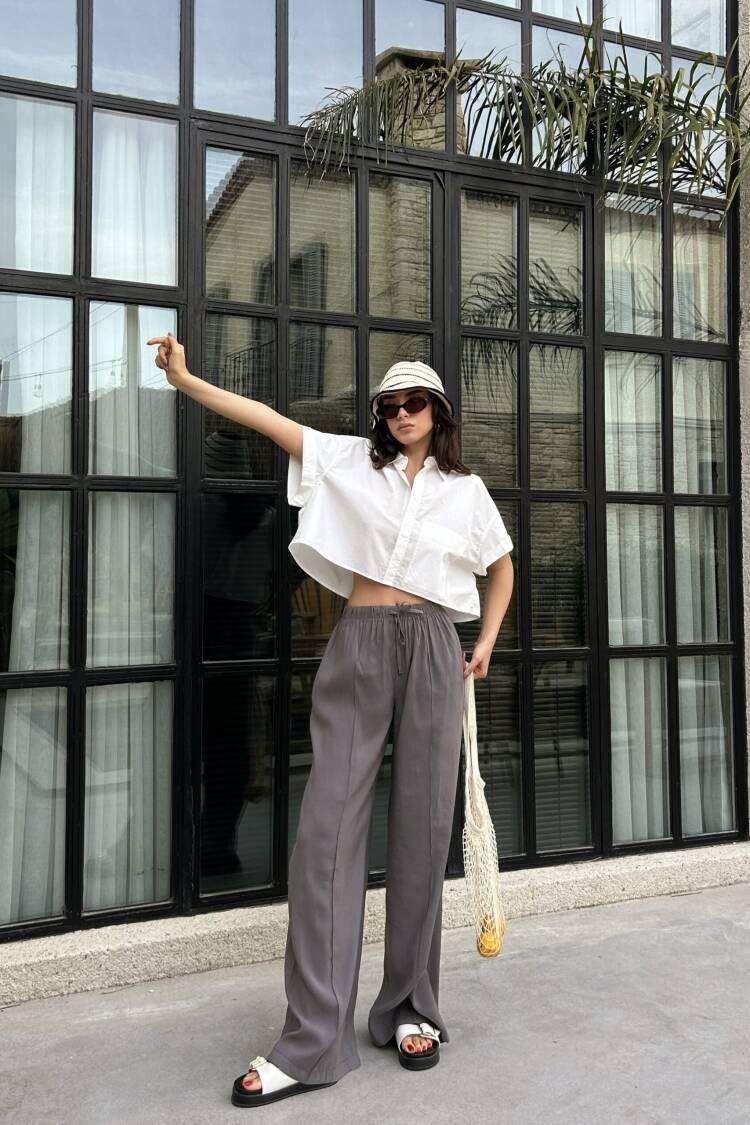 100% Modal Waist Elastic Front Seam Detailed Wide Cut Pants 29109