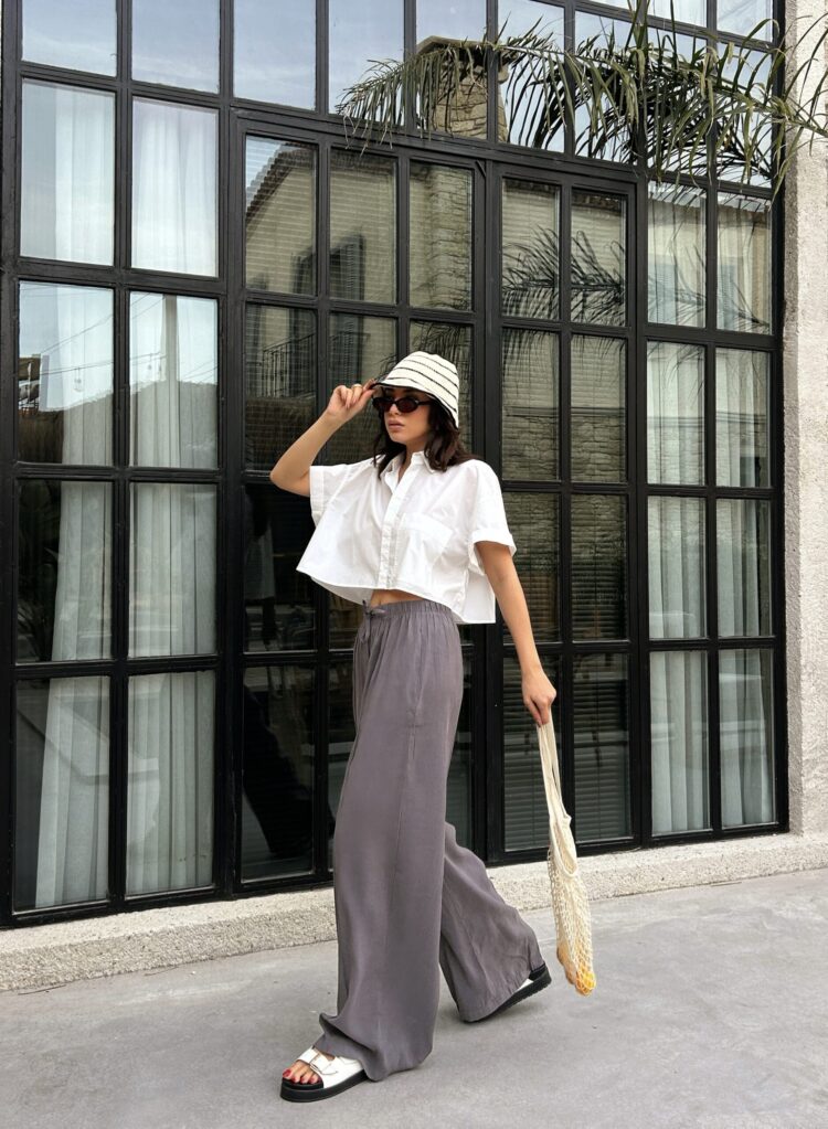 100% Modal Waist Elastic Front Seam Detailed Wide Cut Pants 29109
