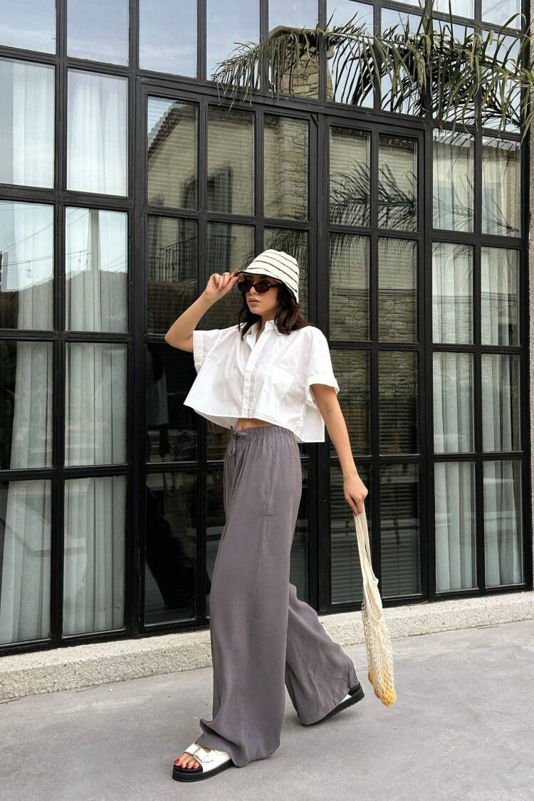 100% Modal Waist Elastic Front Seam Detailed Wide Cut Pants 29109