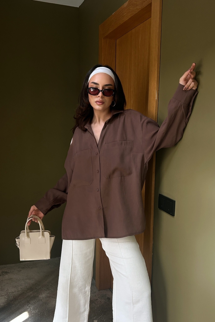 100% Modal Fabric Pocket Detailed Oversize Long Shirt 29108 - First Angels - Globality Store - Women Clothes Wholesale Turkey